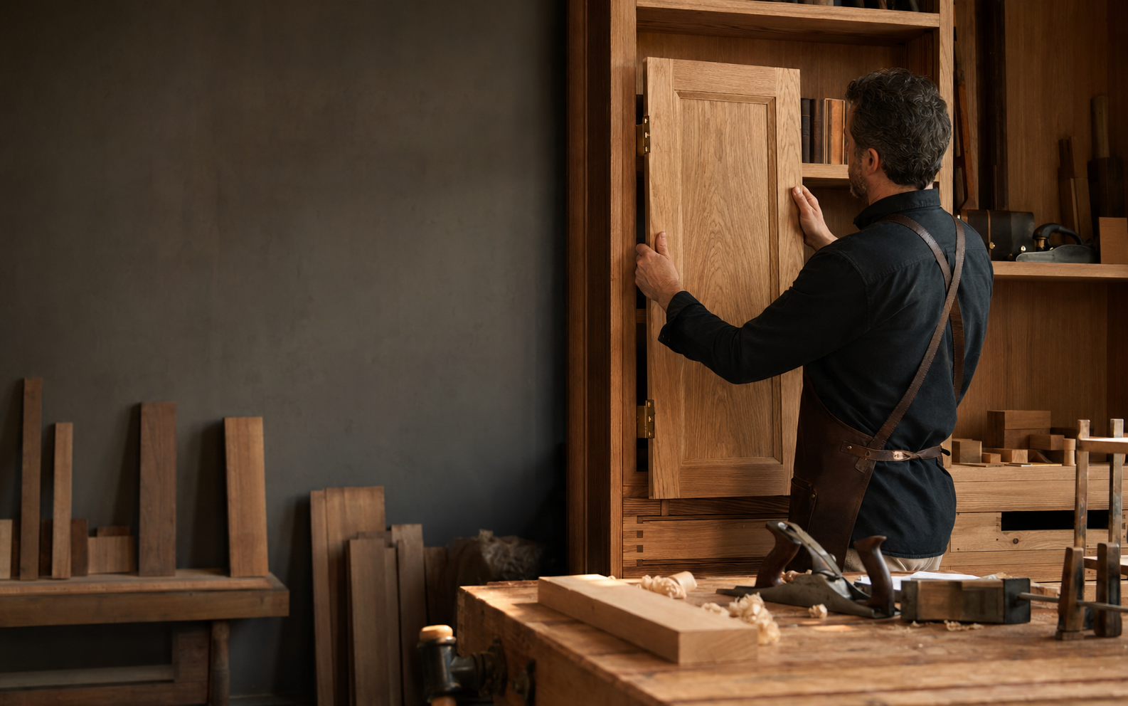 Cabinet maker fitting a solid oak cabinet door in a woodworking workshop